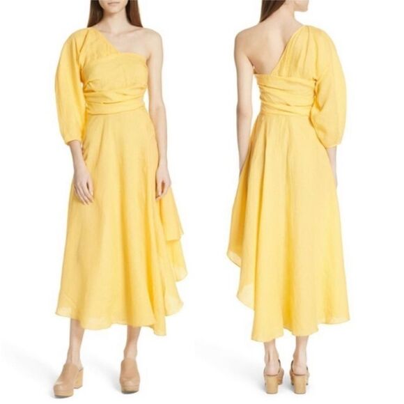 Rachel Comey 100% linen Elegant Yellow One-Shoulder Dress, US4